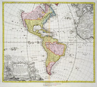 Mapa obu Ameryk, wyd. Homann, 1746 (kolor grawerowany) autorstwa A. Gottlieb Boehm
