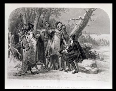 Roger Williams chroniony przez Narragansettów, 1636, z „Historii Stanów Zjednoczonych”, tom. I, Charles Mackay, grawerowane przez James Charles Armytage (c.1820-97) autorstwa A. H. Wray