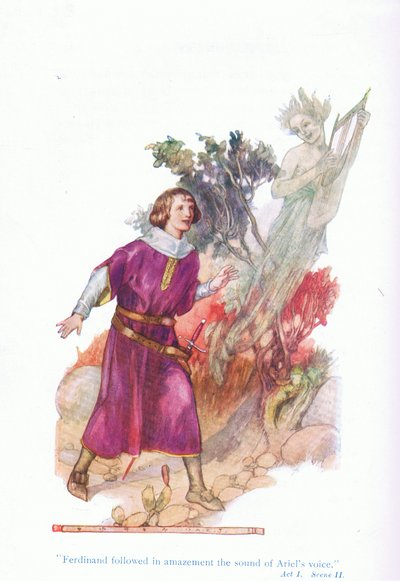 Ferdinand ze zdumieniem podążył za dźwiękiem głosu Ariela (Burza), z Opowieści z pubu Shakespeare. przez Ward Lock & Co Ltd autorstwa A. Jackson