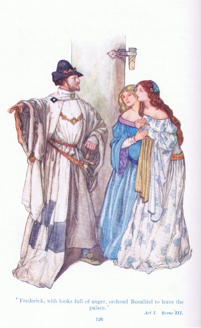 Fryderyk z gniewnymi spojrzeniami nakazał Rosalind opuścić pałac (Jak wam się podoba) z pubu Tales from Shakespeare. przez Ward Lock & Co Ltd autorstwa A. Jackson