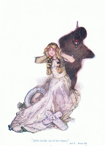 Julia obudziła się z atranu (Romeo i Julia), z pubu Tales from Shakespeare. przez Ward Lock & Co Ltd autorstwa A. Jackson