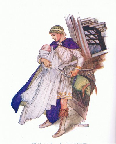 Perykles wziął na ręce nowo narodzone niemowlę (Perykles Prince of Tyre), z Opowieści z pubu Shakespeare. przez Ward Lock & Co Ltd autorstwa A. Jackson