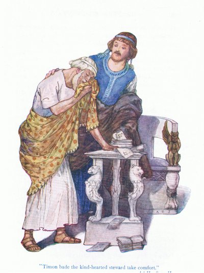 Timon poprosił życzliwego stewarda o pocieszenie (Timon z Aten) z Tales from Shakespeare pub. przez Ward Lock & Co Ltd autorstwa A. Jackson
