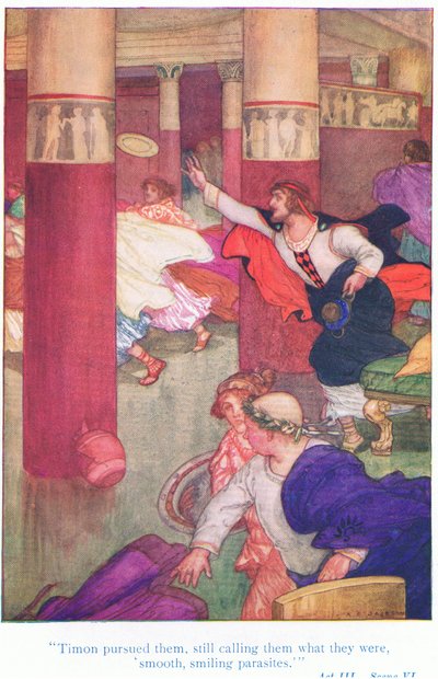 Timon ścigał ich, wciąż nazywając ich tym, czym są, gładkimi, uśmiechniętymi pasożytami (Timon z Aten) z Tales z pubu Shakespeare. przez Ward Lock & Co Ltd autorstwa A. Jackson