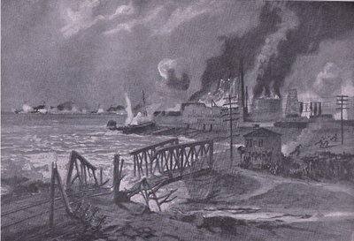 Zniszczenie stoczni w Bari (Włochy) przez austro-węgierskie niszczyciele torpedowe, z Ilustrowanej Historii Wojny Światowej 1914-1915 wyd. przez Union Berlagsefellfchaft autorstwa A. Kircher