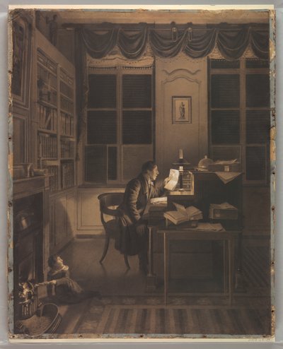 Rysunek przedstawiający wnętrze z mężczyzną czytającym przy biurku, 1827 r. autorstwa A. L. Leroy