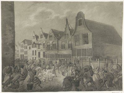 Zawalenie się szalunku wzdłuż Kortendijk w Gorinchem, 1809 Cztery tablice przedstawiające powódź w 1809 roku poświęcone królowi Ludwikowi Napoleonowi (tytuł serii) autorstwa A. Lutz