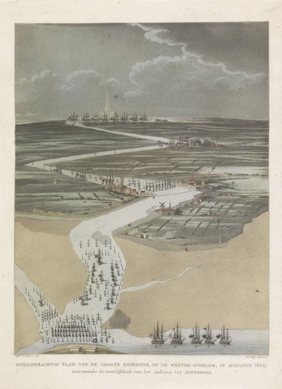 Brytyjska wyprawa do Antwerpii, 1809 Malowniczy plan wielkiej wyprawy na Skaldę Zachodnią w sierpniu 1809 r. ukazujący trudność dojścia do Antwerpii (tytuł na obiekcie) autorstwa A. Lutz