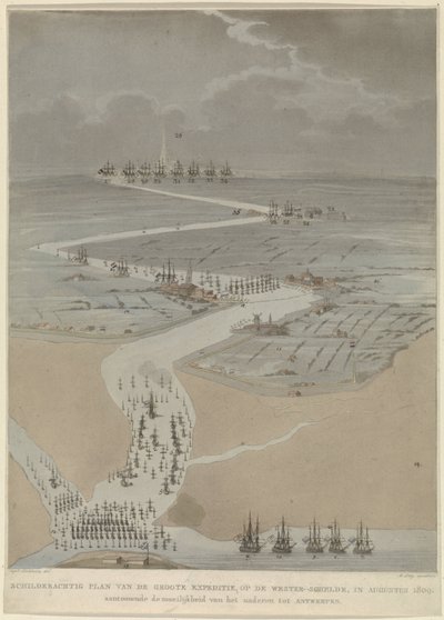 Widok z lotu ptaka na zachodnią Skaldę z flotą angielską, holenderską i francuską, 1809 Malowniczy plan wielkiej wyprawy na Skaldę Zachodnią w sierpniu 1809 r. (tytuł na obiekcie) autorstwa A. Lutz