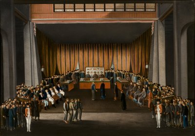Chiński Trybunał Sprawiedliwości w sali fabryki brytyjskiej w Kantonie, 9 kwietnia 1807 r., ok. 1810 r. (olej na papierze) autorstwa A. Roland Knight