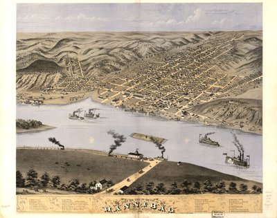Widok z lotu ptaka na miasto Hannibal, Marion Co., Missouri 1869. LOC 73693475 autorstwa A. Ruger