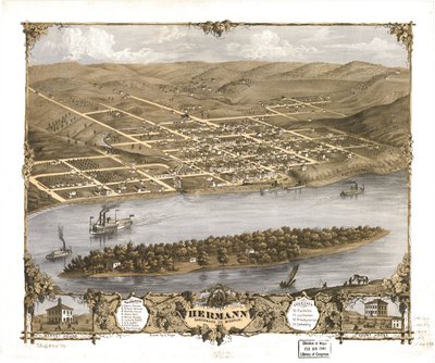 Widok z lotu ptaka na miasto Hermann, Gasconade Co., Missouri 1869. LOC 73693476 autorstwa A. Ruger