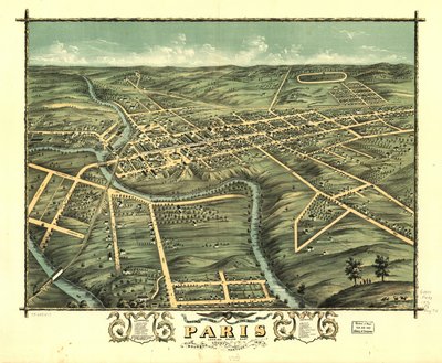 Widok miasta Paris z lotu ptaka, hrabstwo Bourbon, Kentucky, 1870 r. LOC 73693417 autorstwa A. Ruger