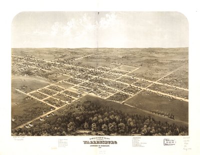 Widok z lotu ptaka na miasto Warrensburg, Johnson Co., Missouri, 1869. LOC 73693492 autorstwa A. Ruger