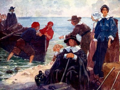 Grupa wygnańców cumuje na dzikim wybrzeżu Nowej Anglii, 1620, 1905. autorstwa A. S. Forrest