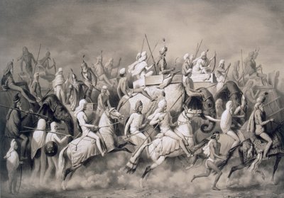 Chir Singh, Maharajah Sikhów i Król Pendżabu z jego orszakiem polującym w pobliżu Lahore, 1859 autorstwa A. Soltykoff