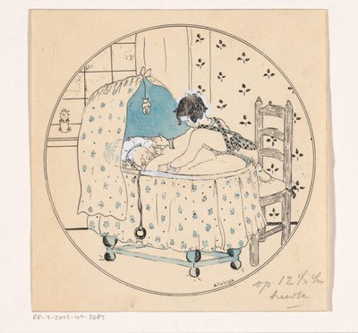 Dziewczyna chce wyciągnąć dziecko z łóżeczka autorstwa A. Tinbergen (signed by artist)