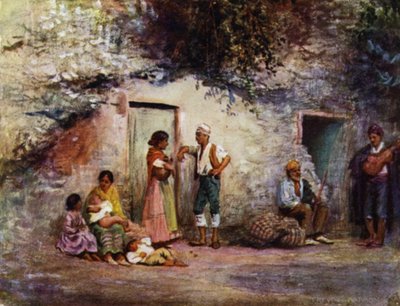Granada, Cyganie u drzwi swoich jaskiń (kolor lito) autorstwa A. Trevor Haddon