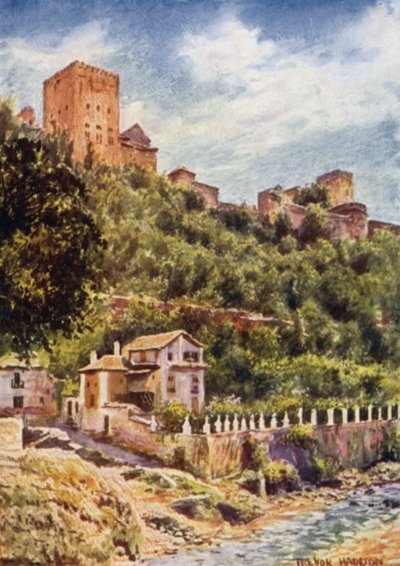 Granada, Wille nad brzegiem rzeki Darro (kolor lito) autorstwa A. Trevor Haddon
