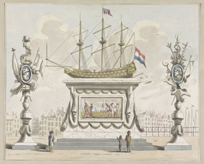Handel i Żegluga, dekoracja na Nieuwmarkt, 1795 Dziesięć tabliczek z dekoracjami na Alliantiefeest w Amsterdamie w 1795 roku (tytuł serii) autorstwa A. Verkerk