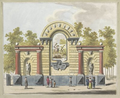 Zniszczenie arystokracji, dekoracja na Westermarkt, 1795 Dziesięć tabliczek z dekoracjami na Alliantiefeest w Amsterdamie w 1795 roku (tytuł serii) autorstwa A. Verkerk