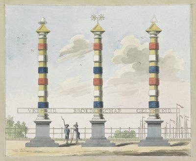Wolność, braterstwo i równość, dekoracja na Hogesluis, 1795 Dziesięć tabliczek z dekoracjami na Alliantiefeest w Amsterdamie w 1795 r. autorstwa A. Verkerk