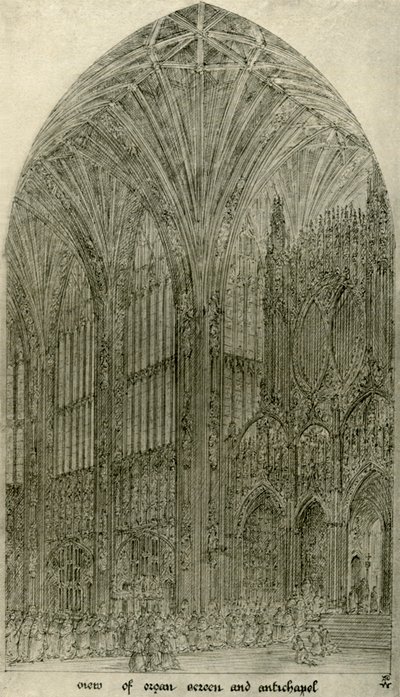 Rysunek architektoniczny: widok prospektu organowego i antykaplicy, 1833-1834, 1906. autorstwa A. W. N. Pugin