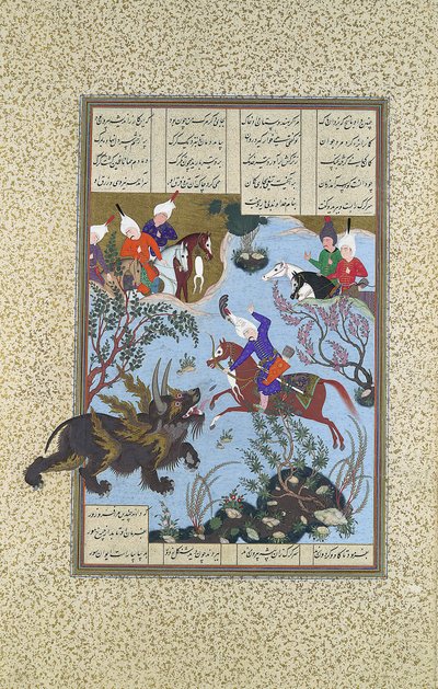 Bahram Gur zabija nosorożca-wilka, Folio 586r z Księgi Królów Shahnama..., ca. 1530-35. autorstwa 