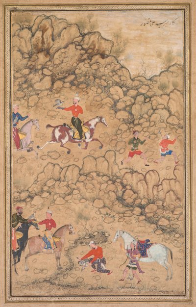 Polowanie z sokołami w pejzażu, ok. godz. 1558-1560, dodano granice prawdopodobnie XVIII wieku. autorstwa Abd al Samad