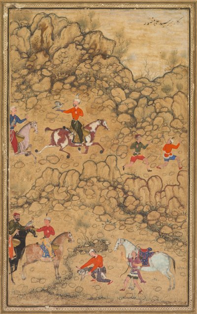 Polowanie z sokołami w pejzażu, Verso: Kaligrafia poematów tureckich Chaghatai..., c. 1558-60. autorstwa Abd al Samad