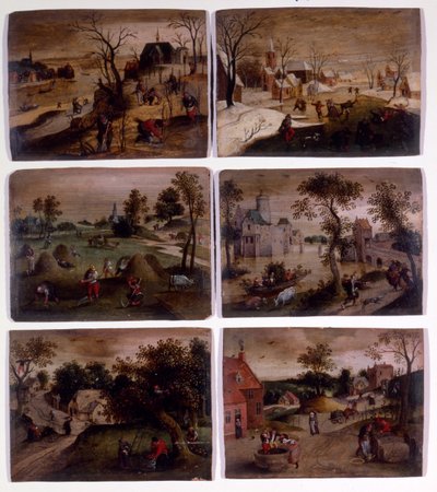 styczeń, luty, maj, czerwiec, wrzesień i październik (olej na drewnie) autorstwa Abel (studio of) Grimmer or Grimer