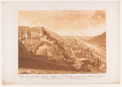 Twarz na północny wschód od Heidelbergu z zamkiem Heidelberg po lewej stronie Wschodnia i północna strona zamku w Heidelbergu, w tym miasto i obszar (tytuł na obiekcie) autorstwa Abel Schlicht