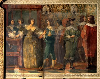 Scena z życia Karola de Valois (1573-1650), księcia Angouleme - Scena przyjęciowa wydana z okazji ślubu Karola de Valois z jego drugą żoną w 1644 roku - Kobieta, do której podeszła kurtyzana, porywa się, by ją postawić kołnierz - Fresco by Abrah autorstwa Abraham (after) Bosse