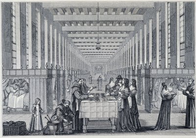 Widok wnętrza infirmerii Hôital de la Charite (zwanej również szpitalem Freres-de-Saint-Jean-de-Dieu), w Paryżu - Grawerowanie d