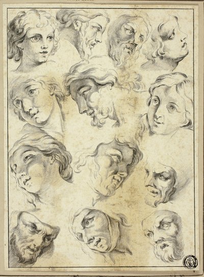 13 szkiców różnych twarzy autorstwa Abraham Bloemaert