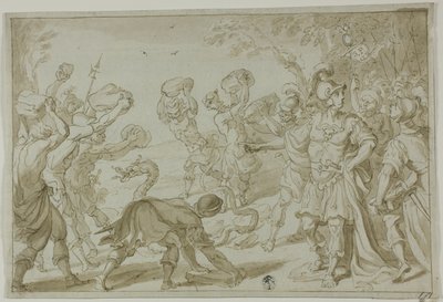 Żołnierze rzymscy ukamienują węża autorstwa Abraham Bloemaert