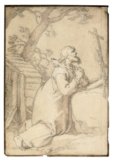 Św. Paweł z Phermy klęczący przed krucyfiksem (czarna kreda, długopis i brązowy atrament, brązowa płukanka) autorstwa Abraham Bloemaert