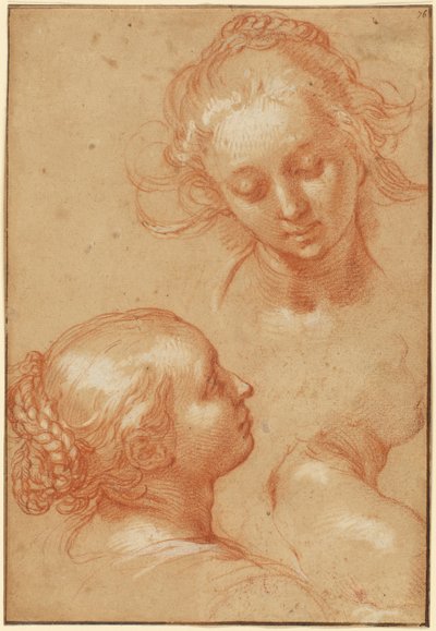 Trzy studia kobiet (recto); Cztery studia dłoni i kontrpostać klęczącego młodego mężczyzny (verso) autorstwa Abraham Bloemaert