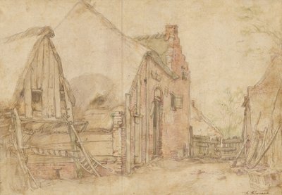 Widok na dziedziniec gospodarstwa (recto); Studium drzewa (verso) autorstwa Abraham Bloemaert