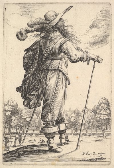 Pan widziany z tyłu, idący w prawo z laską i ubrany w pióropusz…, 1629. autorstwa Abraham Bosse