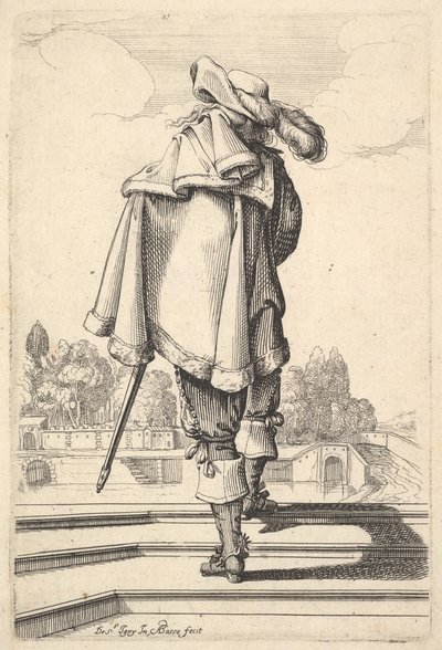 Pan widziany od tyłu, idący po parapecie, z płaszczem na lewym ramieniu..., 1629. autorstwa Abraham Bosse