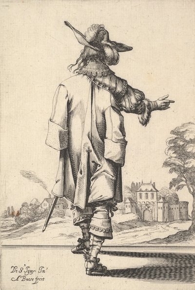 Pan widziany od tyłu, z wyciągniętą prawą ręką i płaszczem na lewej p..., 1629. autorstwa Abraham Bosse