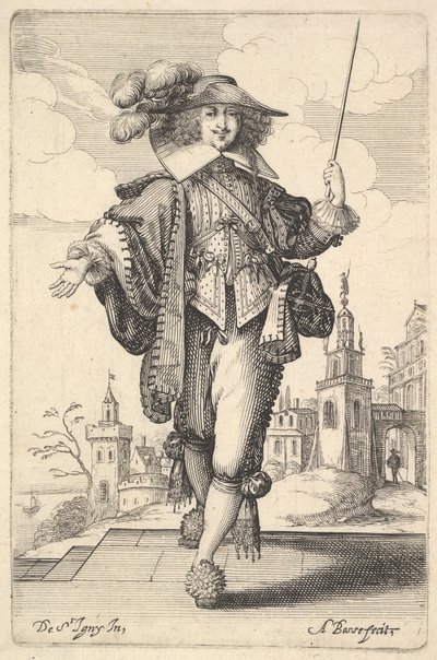 Pan idący do przodu z wyciągniętą prawą ręką i batem w lewej ręce..., 1629. autorstwa Abraham Bosse