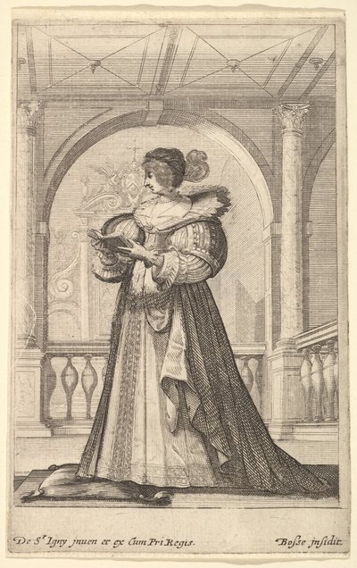 Kobieta stojąca, zwrócona w lewo w profilu, w kapeluszu i koronkowym kołnierzyku, czytająca..., ca. 1629. autorstwa Abraham Bosse