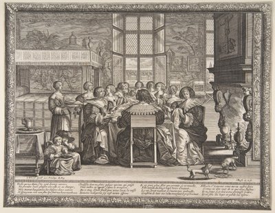 Żony przy stole podczas nieobecności mężów 1635-36. autorstwa Abraham Bosse