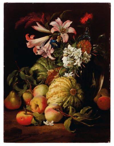 Lilie i inne kwiaty w szklanym wazonie z brzoskwiniami i melonami autorstwa Abraham Brueghel