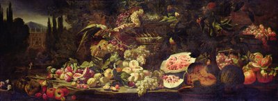 Martwa natura z owoców z zieloną papugą i srebrnym wazonem autorstwa Abraham Brueghel