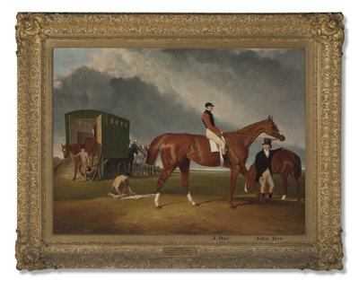 Portret Lord George Bentincks Horse Elis z jeźdźcem, John Day i trenerem, John Doe, Doncaster, 1836 autorstwa Abraham Cooper
