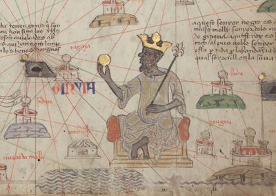 Fragment katalońskiego Atlasu, arkusz 6, przedstawiający intronizowany Mansa Musa, 1375 r autorstwa Abraham Cresques