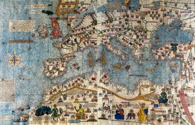 Katalońska mapa kontynentu europejskiego z Atlantykiem i Morzem Śródziemnym autorstwa Abraham and Cresques Jehuda Cresques